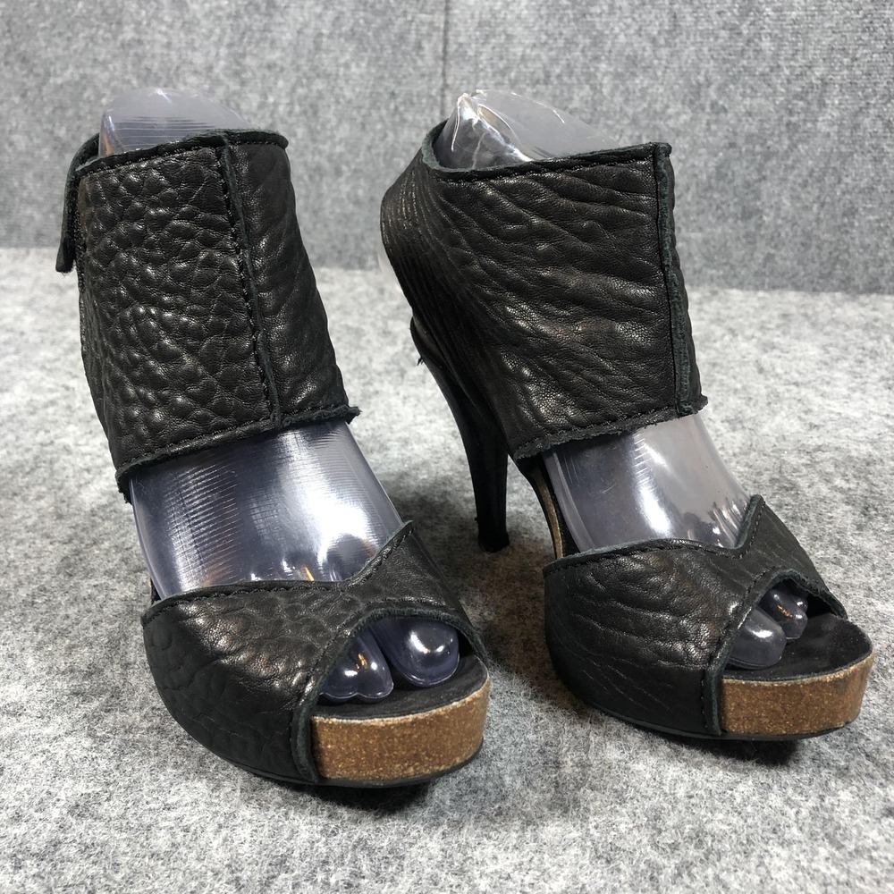 Pedro Garcia Heels Womens Size 6 Black Leather Platform Peep Toe Ankle Cuff‎